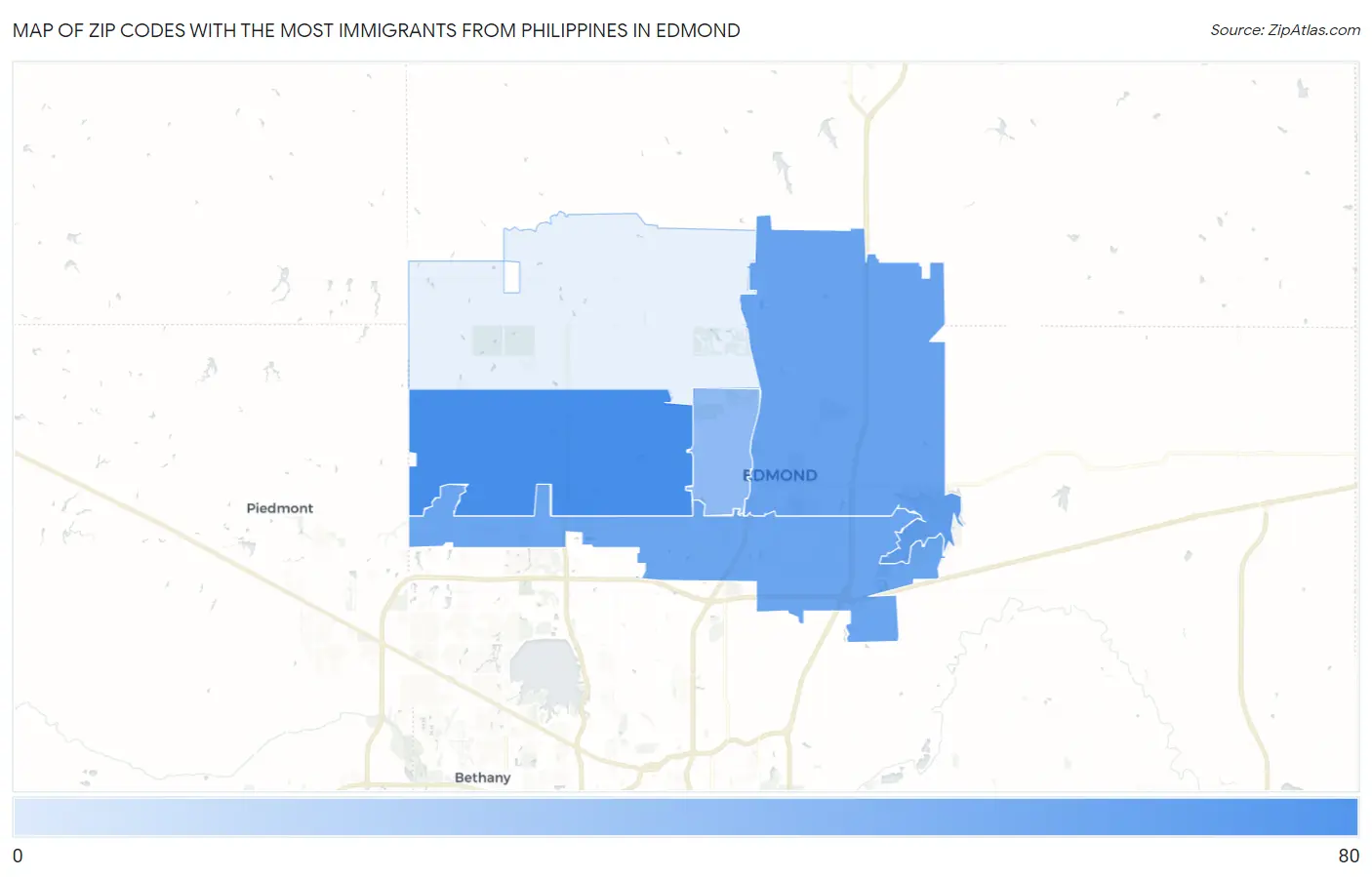 Zip Codes with the Most Immigrants from Philippines in Edmond Map