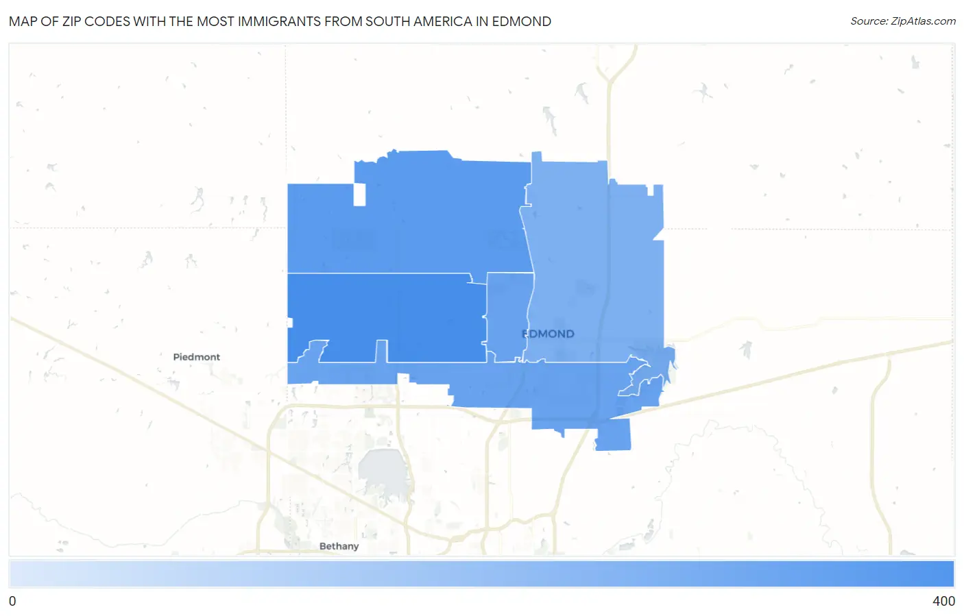 Zip Codes with the Most Immigrants from South America in Edmond Map