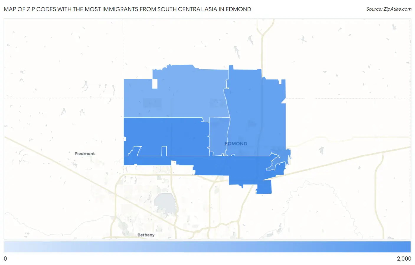 Zip Codes with the Most Immigrants from South Central Asia in Edmond Map