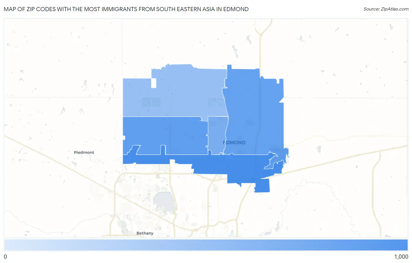 Zip Codes with the Most Immigrants from South Eastern Asia in Edmond Map