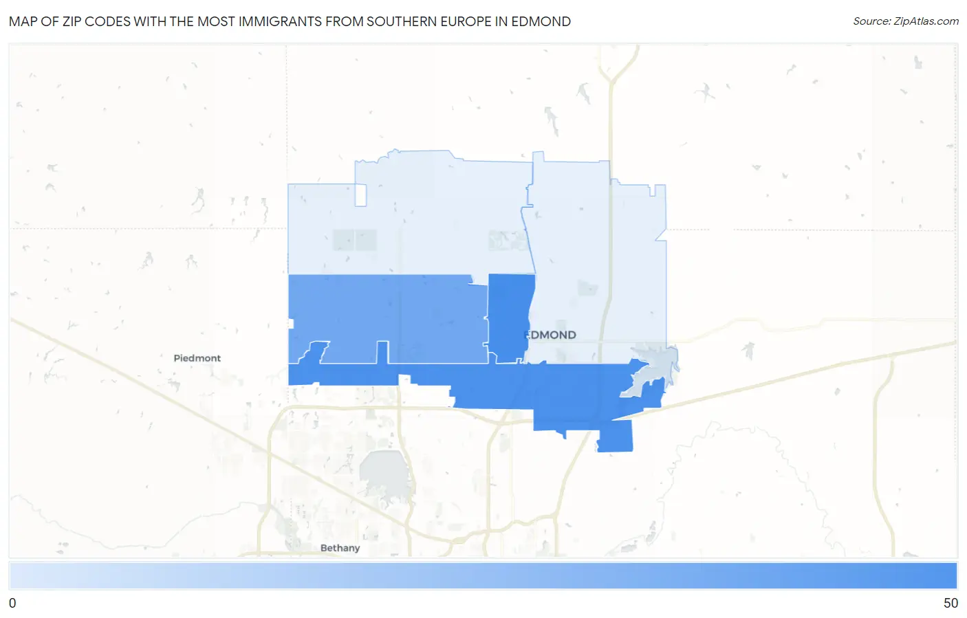 Zip Codes with the Most Immigrants from Southern Europe in Edmond Map