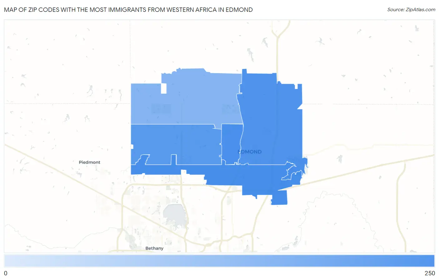 Zip Codes with the Most Immigrants from Western Africa in Edmond Map