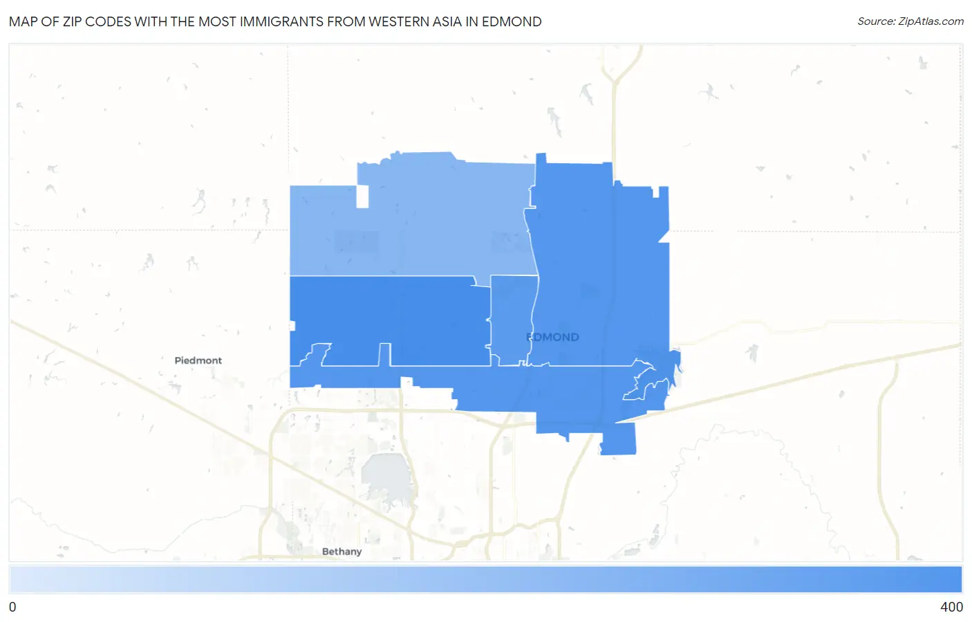 Zip Codes with the Most Immigrants from Western Asia in Edmond Map