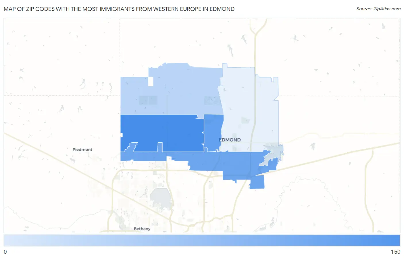 Zip Codes with the Most Immigrants from Western Europe in Edmond Map