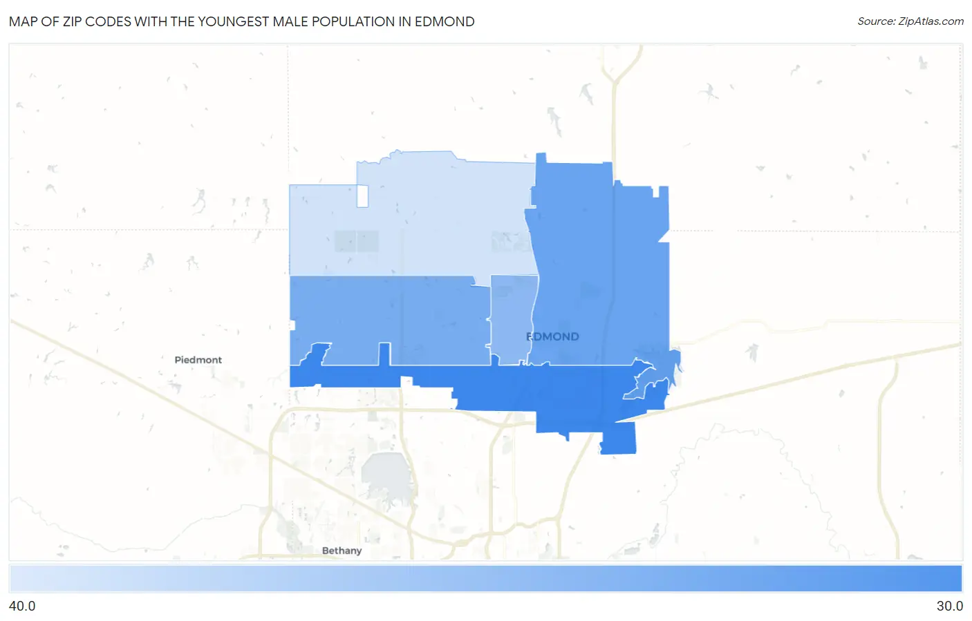 Zip Codes with the Youngest Male Population in Edmond Map