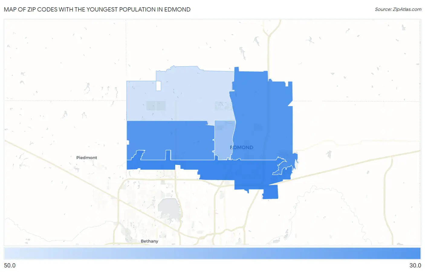 Zip Codes with the Youngest Population in Edmond Map