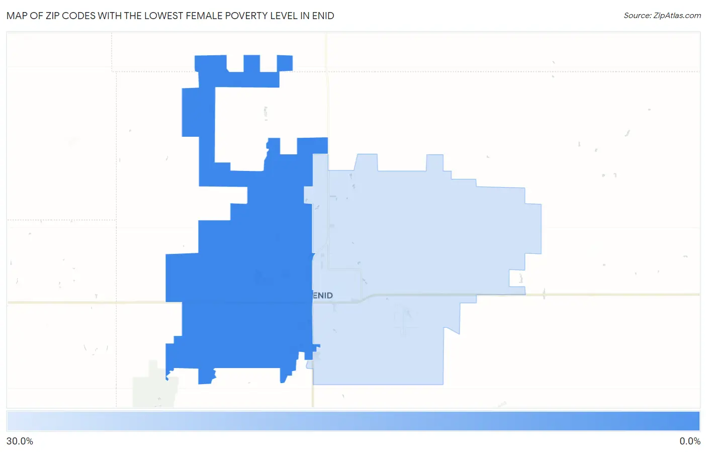 Zip Codes with the Lowest Female Poverty Level in Enid Map