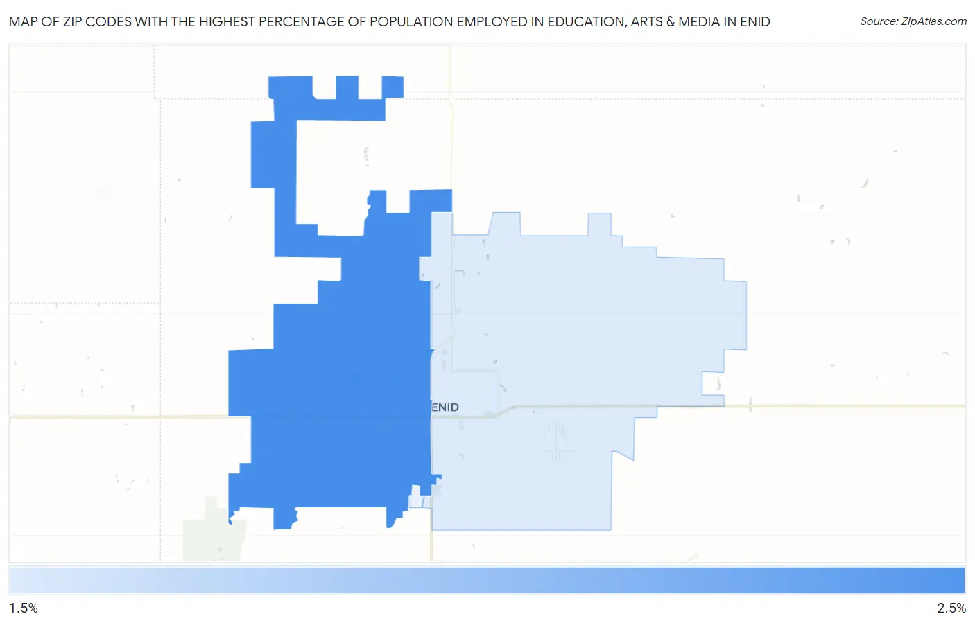 Zip Codes with the Highest Percentage of Population Employed in Education, Arts & Media in Enid Map