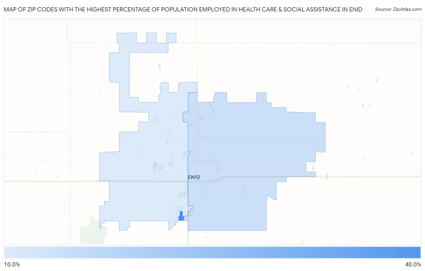 Zip Codes with the Highest Percentage of Population Employed in Health Care & Social Assistance in Enid Map