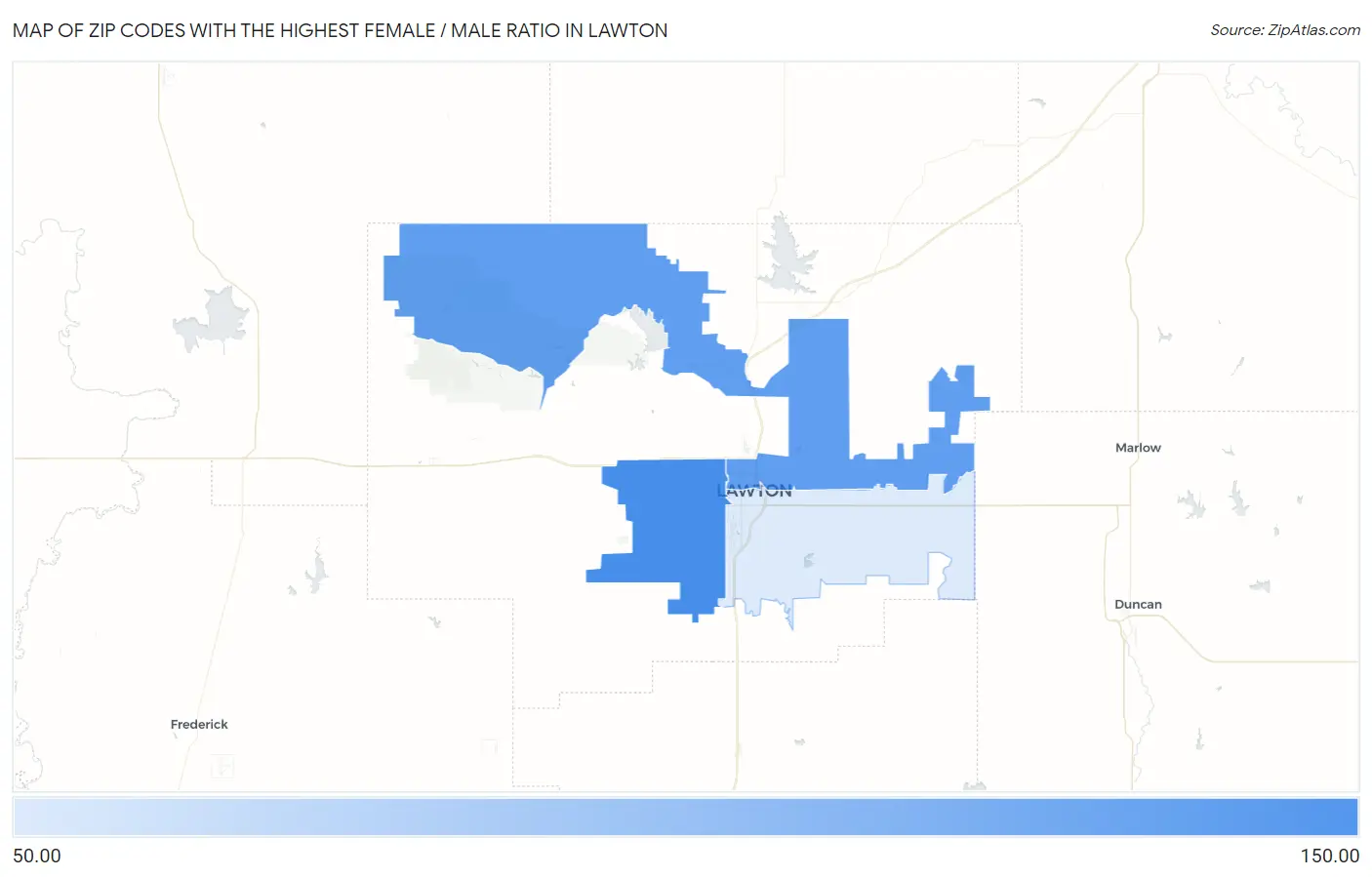 Zip Codes with the Highest Female / Male Ratio in Lawton Map