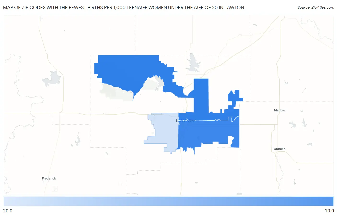 Zip Codes with the Fewest Births per 1,000 Teenage Women Under the Age of 20 in Lawton Map