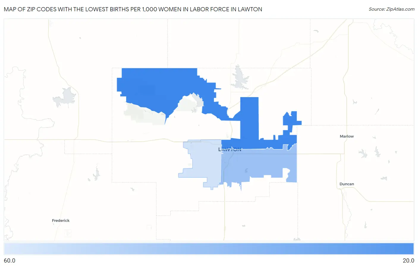 Zip Codes with the Lowest Births per 1,000 Women in Labor Force in Lawton Map