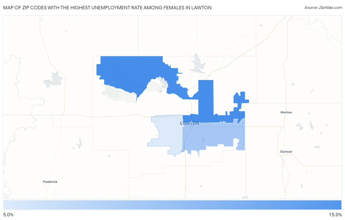 Zip Codes with the Highest Unemployment Rate Among Females in Lawton Map