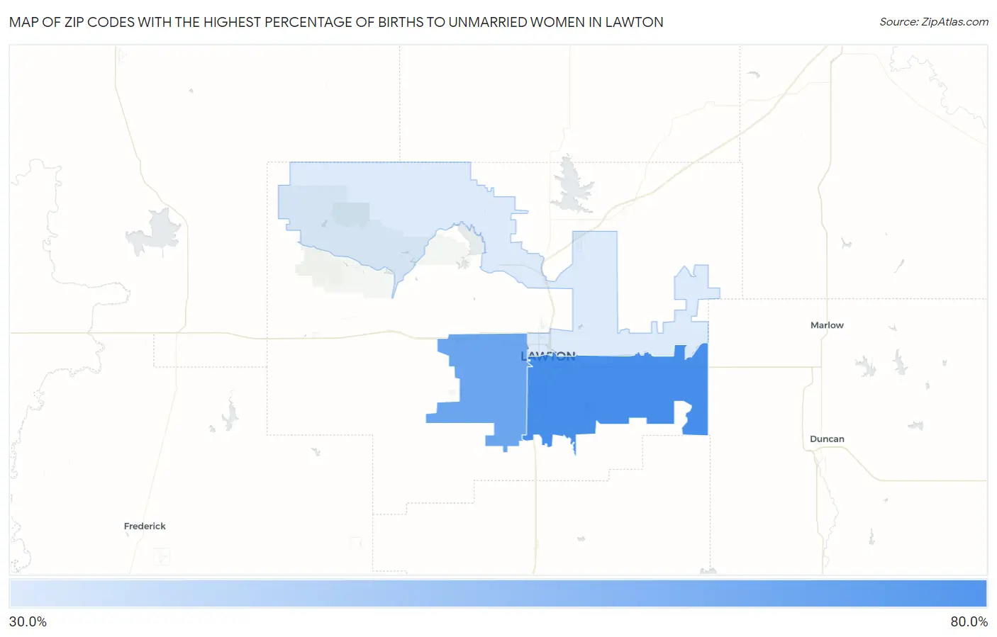 Zip Codes with the Highest Percentage of Births to Unmarried Women in Lawton Map