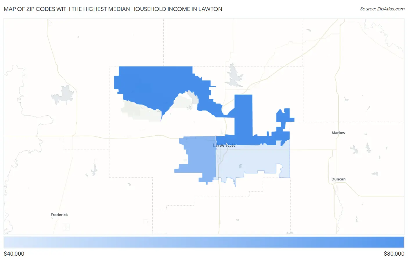 Zip Codes with the Highest Median Household Income in Lawton Map
