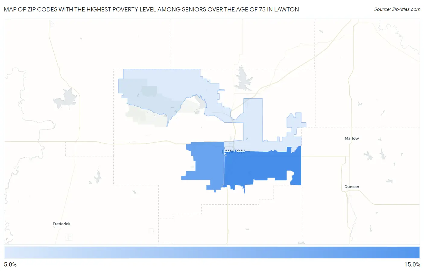 Zip Codes with the Highest Poverty Level Among Seniors Over the Age of 75 in Lawton Map
