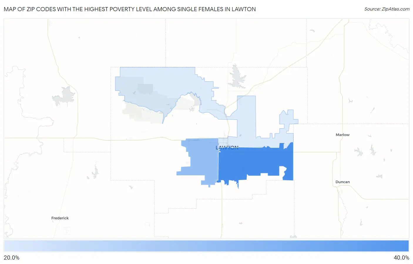 Zip Codes with the Highest Poverty Level Among Single Females in Lawton Map