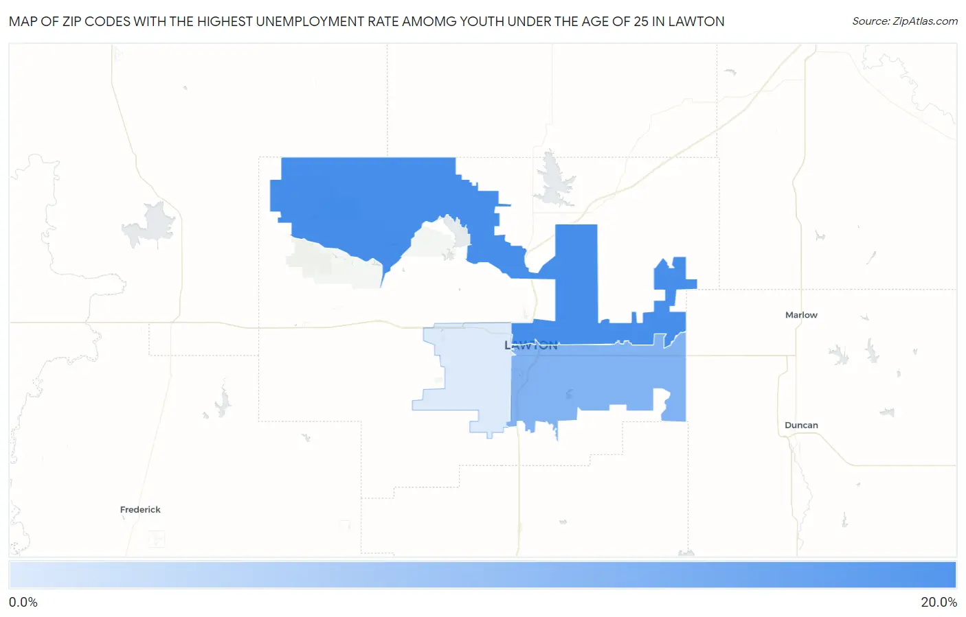 Zip Codes with the Highest Unemployment Rate Amomg Youth Under the Age of 25 in Lawton Map