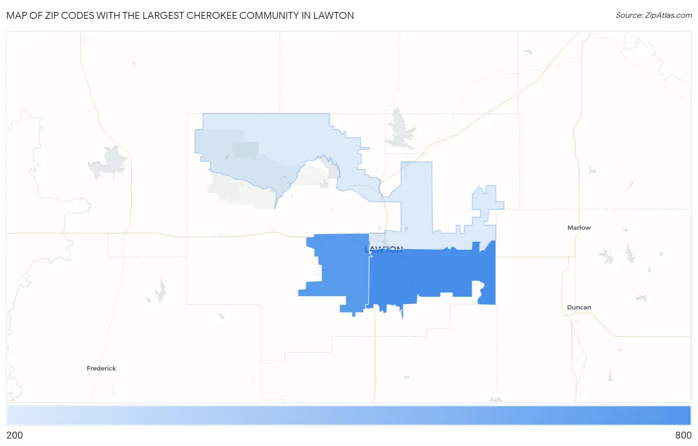 Zip Codes with the Largest Cherokee Community in Lawton Map