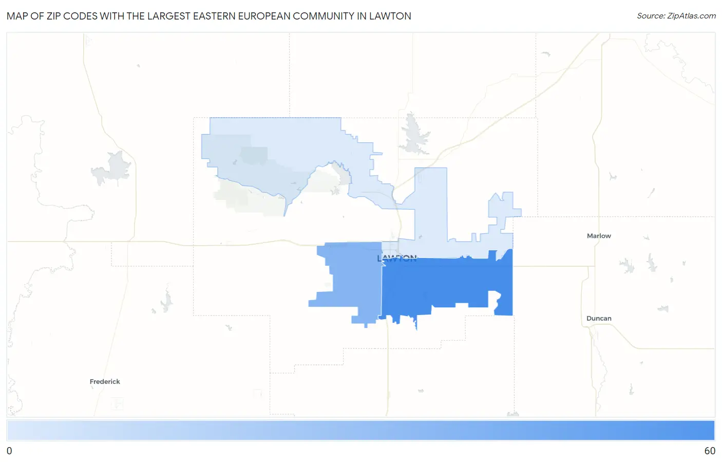 Zip Codes with the Largest Eastern European Community in Lawton Map