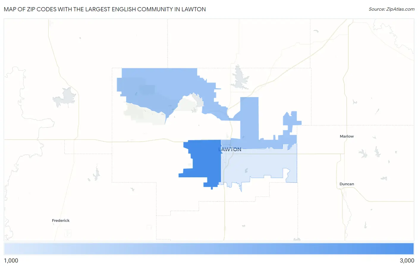 Zip Codes with the Largest English Community in Lawton Map