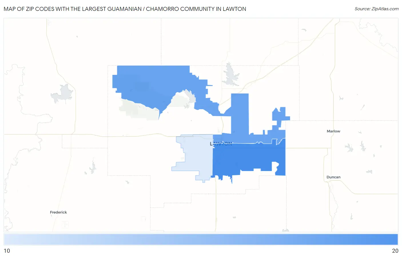 Zip Codes with the Largest Guamanian / Chamorro Community in Lawton Map
