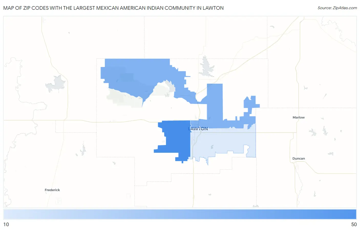 Zip Codes with the Largest Mexican American Indian Community in Lawton Map