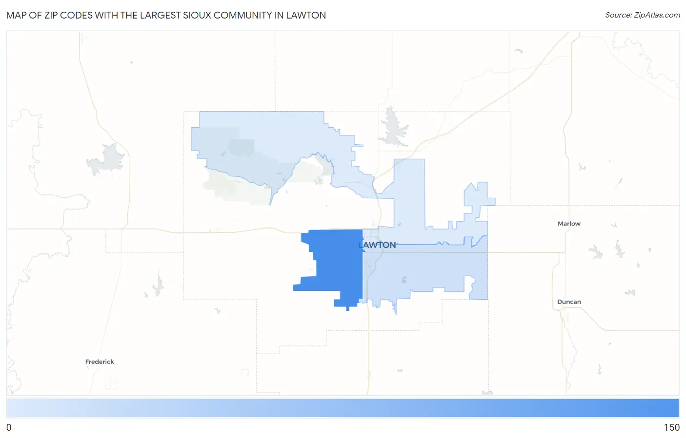 Zip Codes with the Largest Sioux Community in Lawton Map