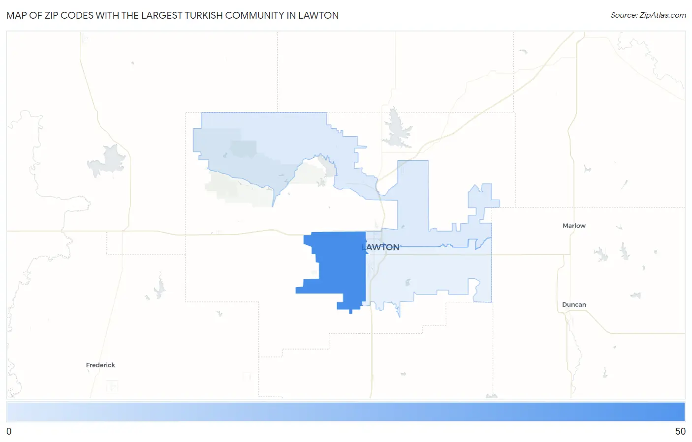 Zip Codes with the Largest Turkish Community in Lawton Map