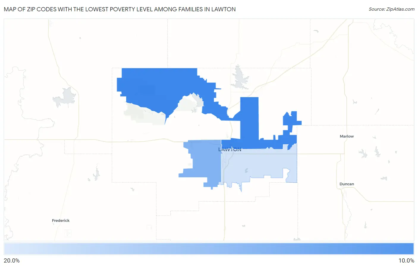 Zip Codes with the Lowest Poverty Level Among Families in Lawton Map
