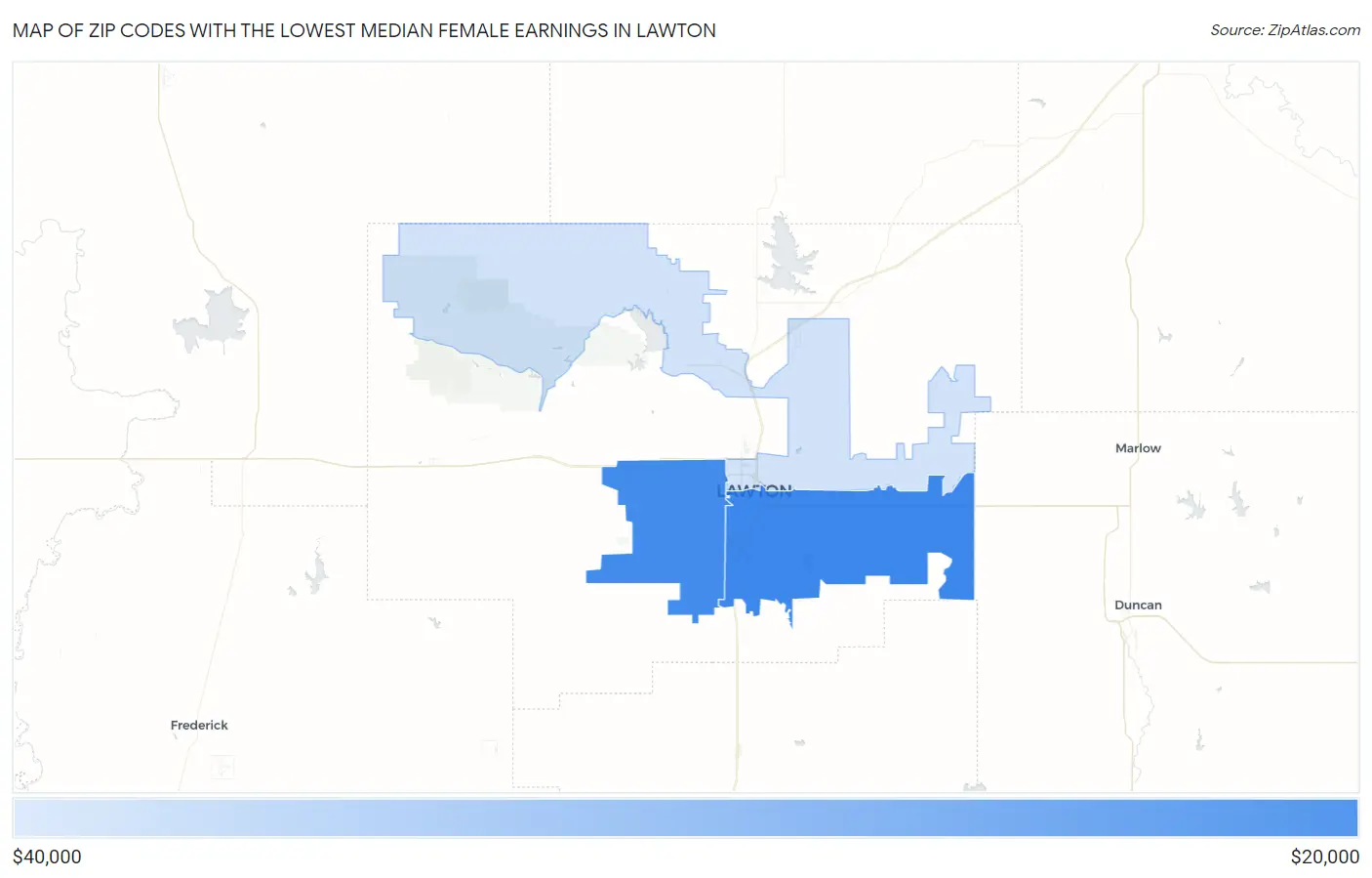Zip Codes with the Lowest Median Female Earnings in Lawton Map