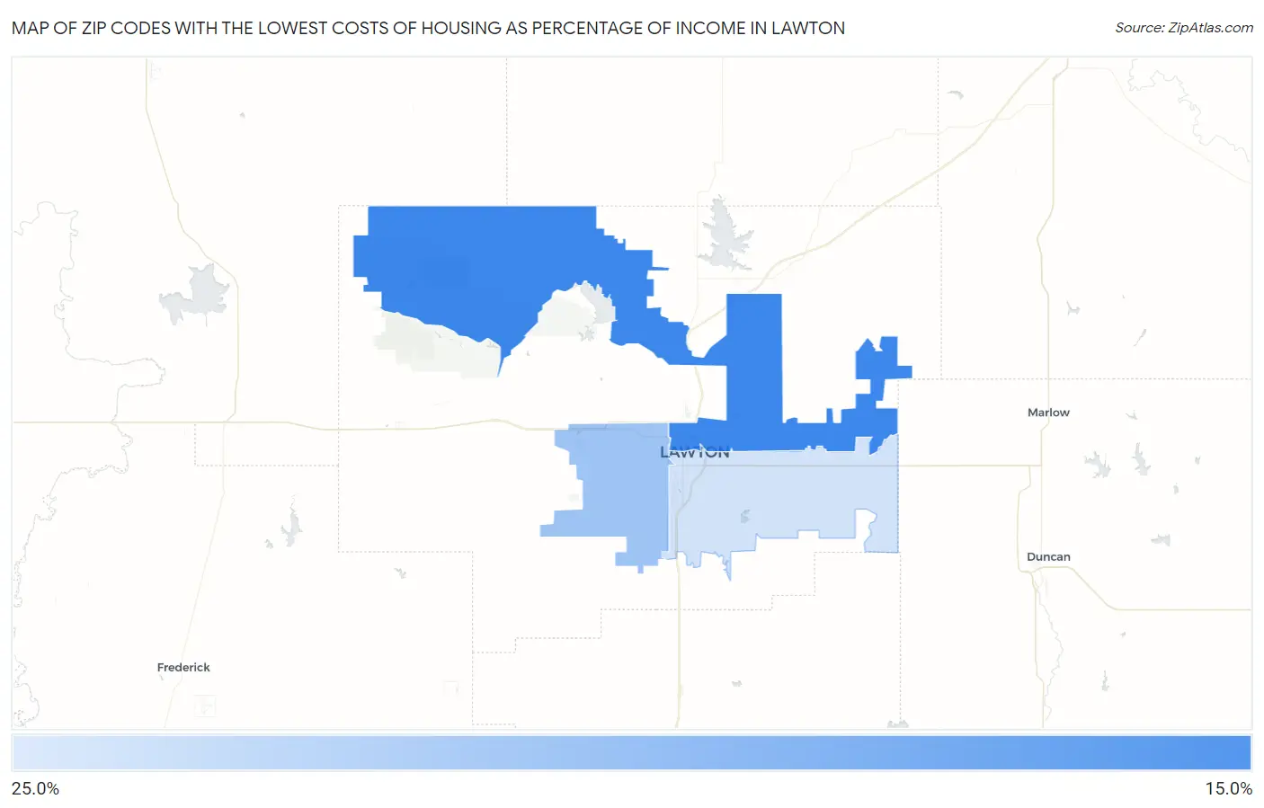 Zip Codes with the Lowest Costs of Housing as Percentage of Income in Lawton Map
