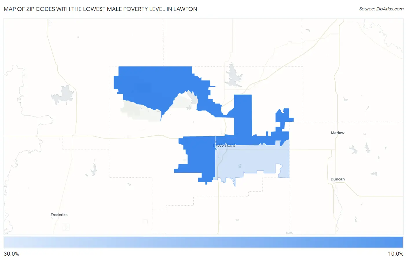 Zip Codes with the Lowest Male Poverty Level in Lawton Map