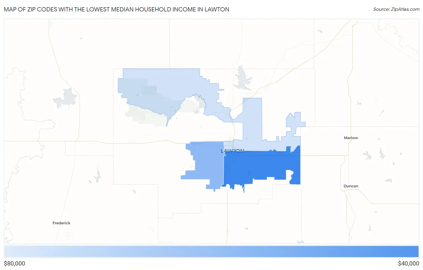 Zip Codes with the Lowest Median Household Income in Lawton Map
