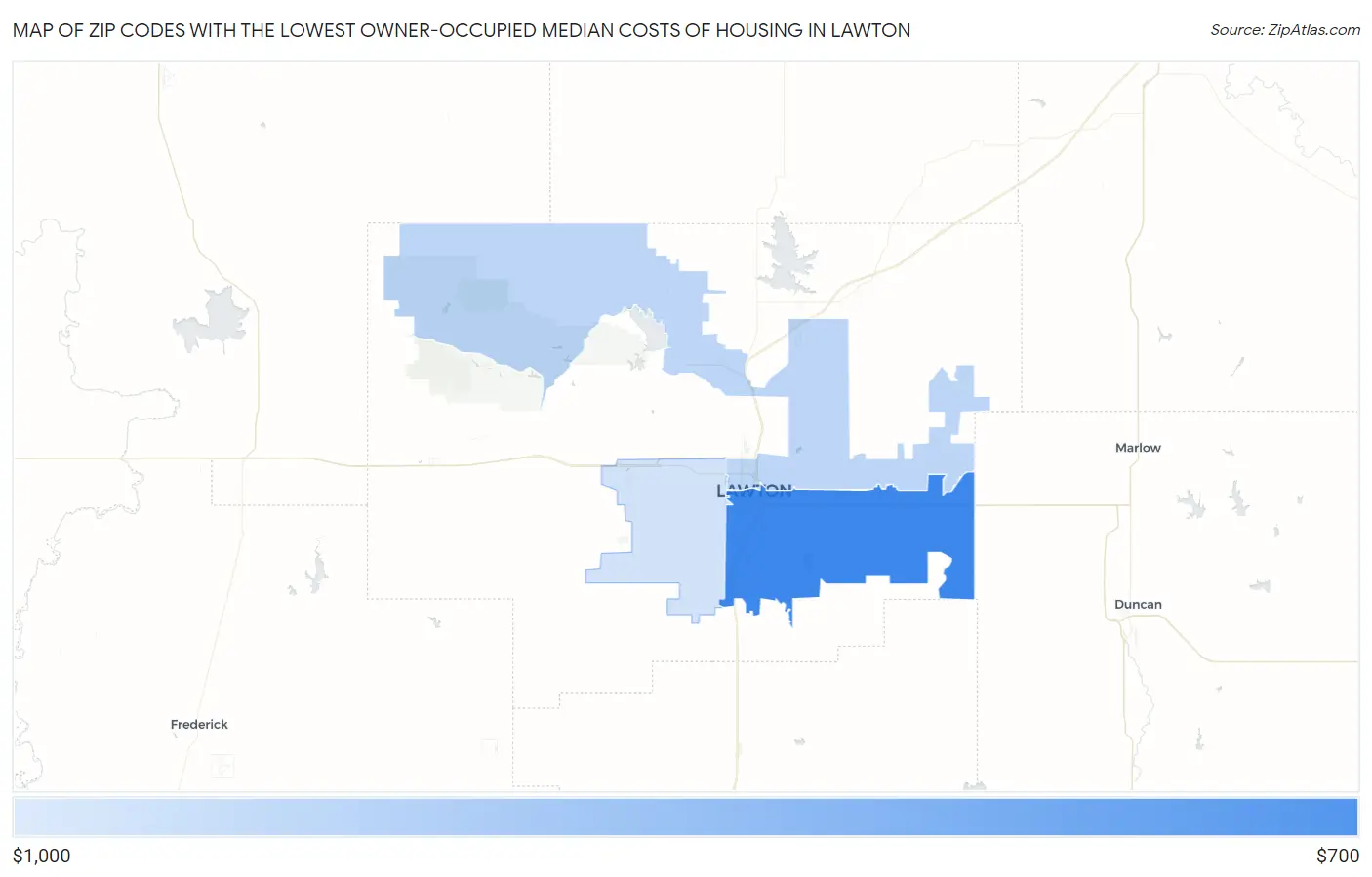 Zip Codes with the Lowest Owner-Occupied Median Costs of Housing in Lawton Map