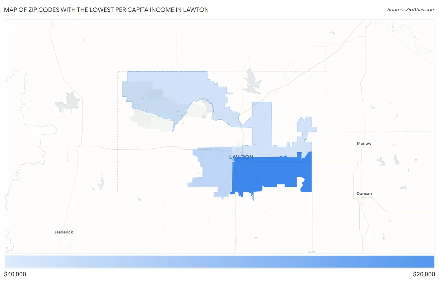 Zip Codes with the Lowest Per Capita Income in Lawton Map