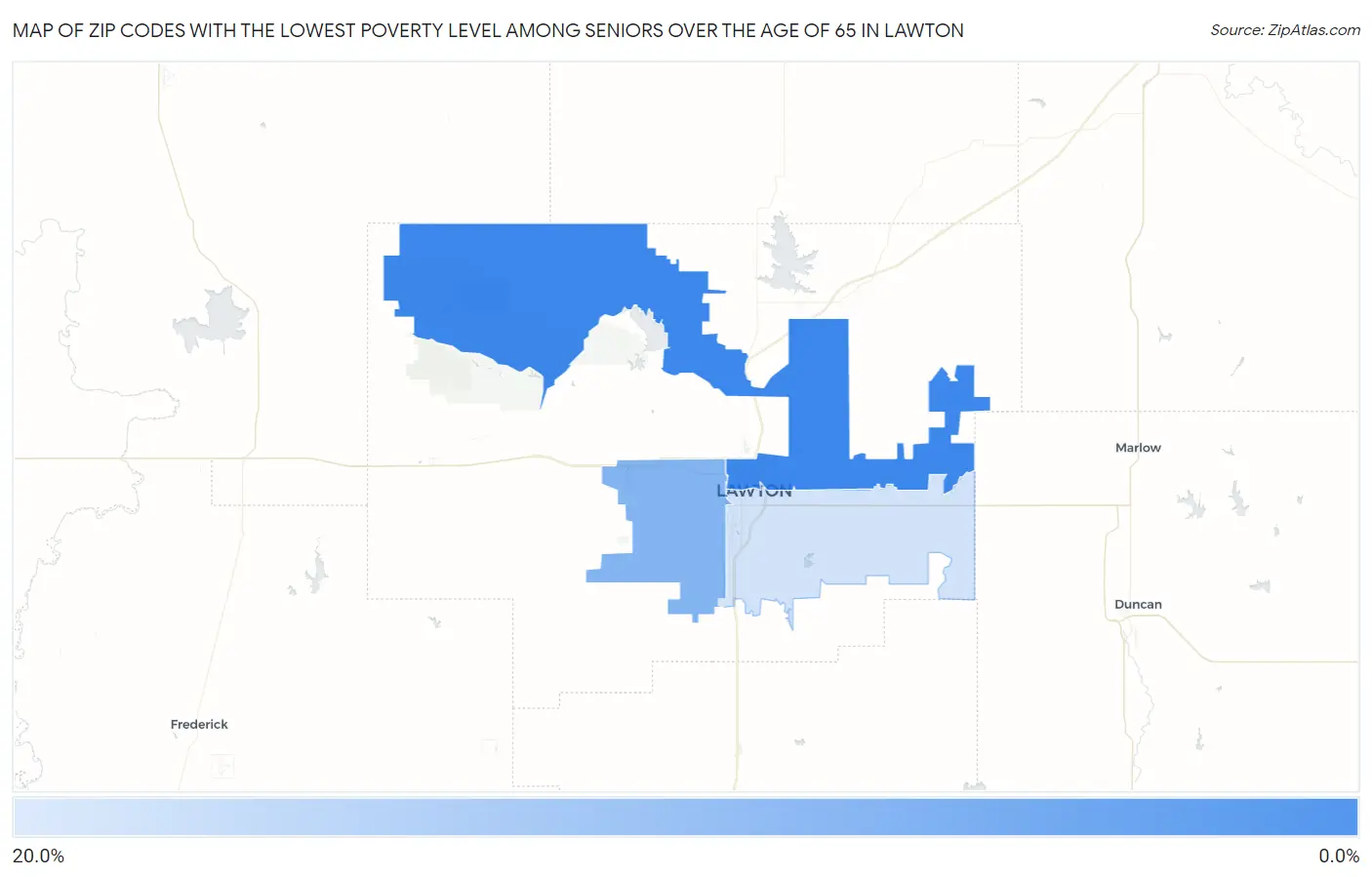 Zip Codes with the Lowest Poverty Level Among Seniors Over the Age of 65 in Lawton Map