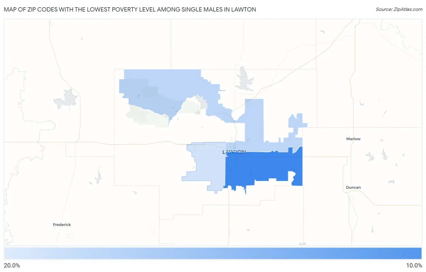 Zip Codes with the Lowest Poverty Level Among Single Males in Lawton Map