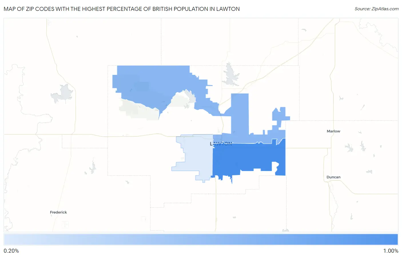 Zip Codes with the Highest Percentage of British Population in Lawton Map