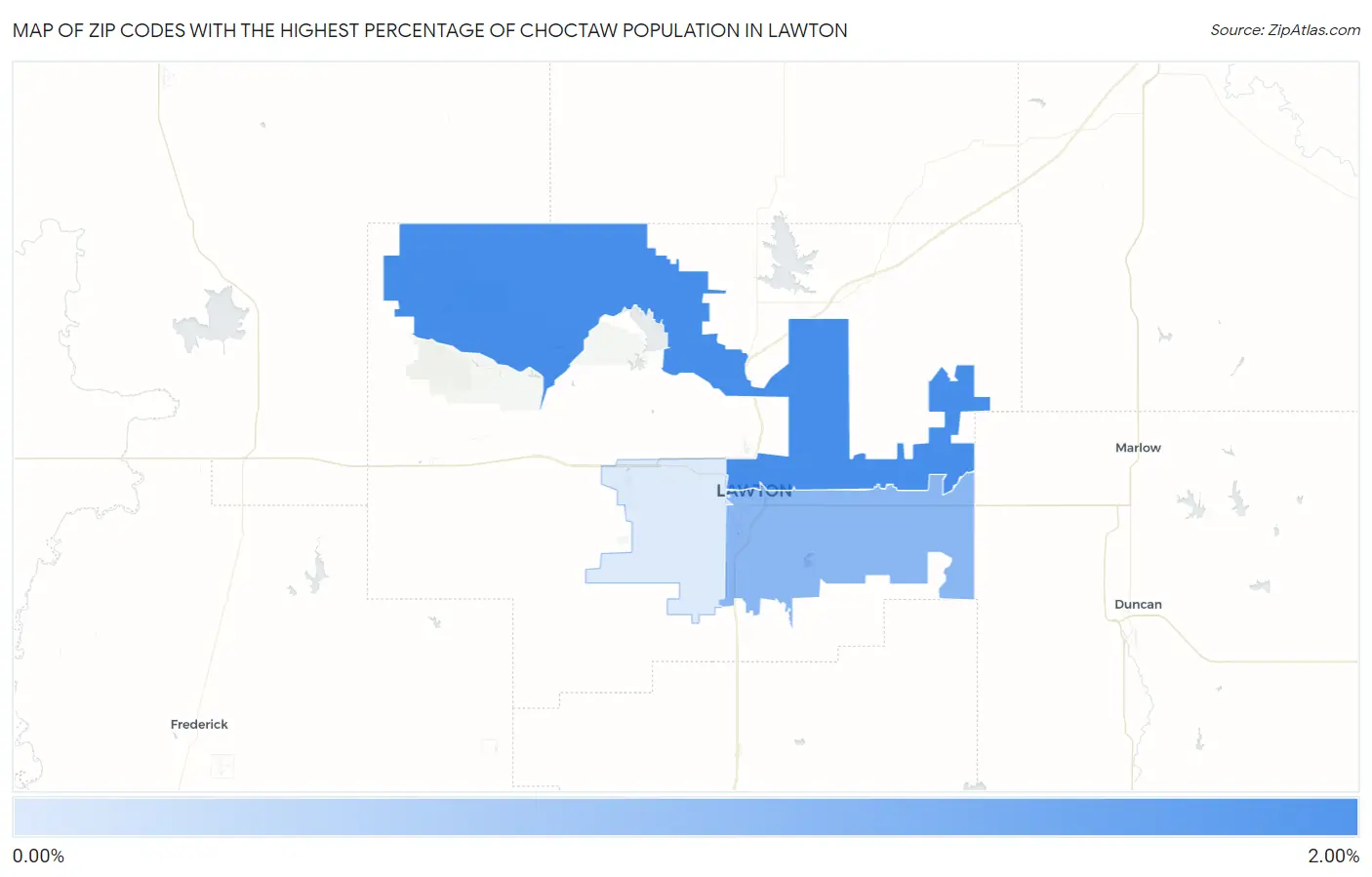 Zip Codes with the Highest Percentage of Choctaw Population in Lawton Map