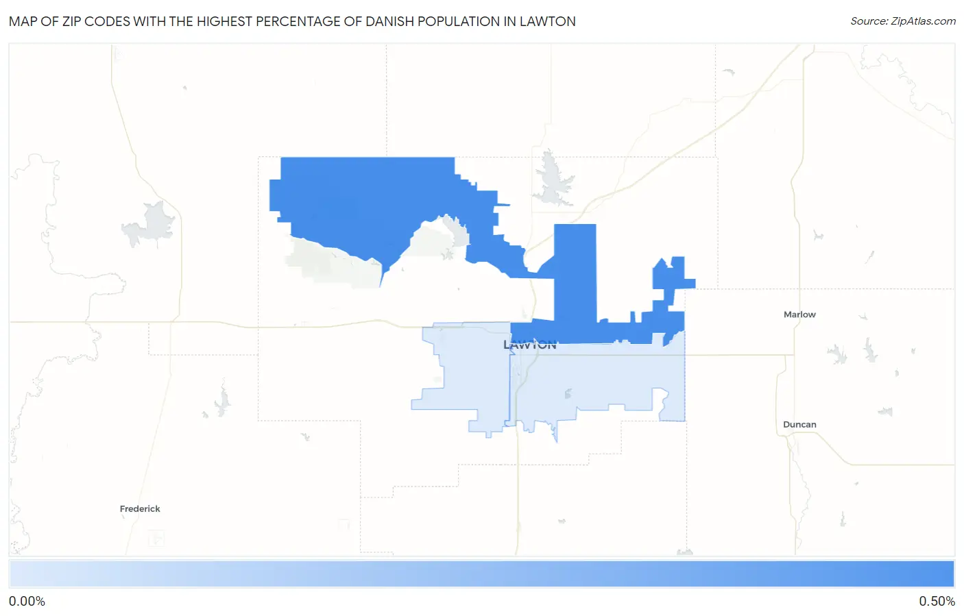 Zip Codes with the Highest Percentage of Danish Population in Lawton Map