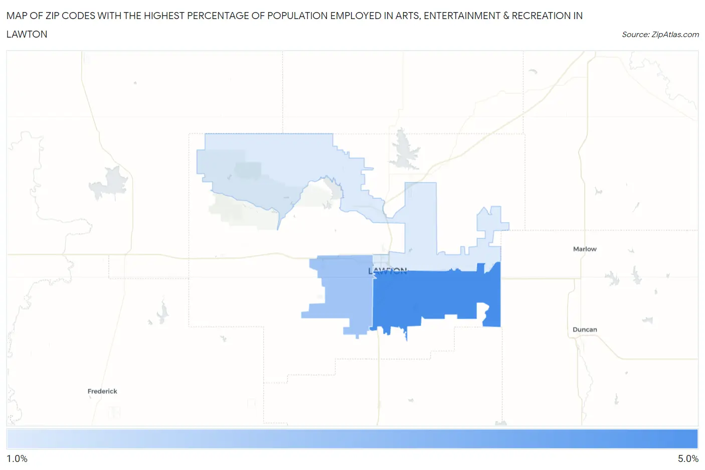 Zip Codes with the Highest Percentage of Population Employed in Arts, Entertainment & Recreation in Lawton Map