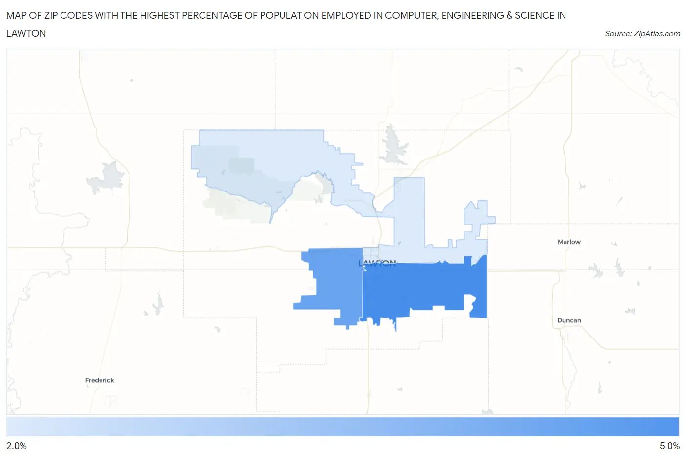Zip Codes with the Highest Percentage of Population Employed in Computer, Engineering & Science in Lawton Map