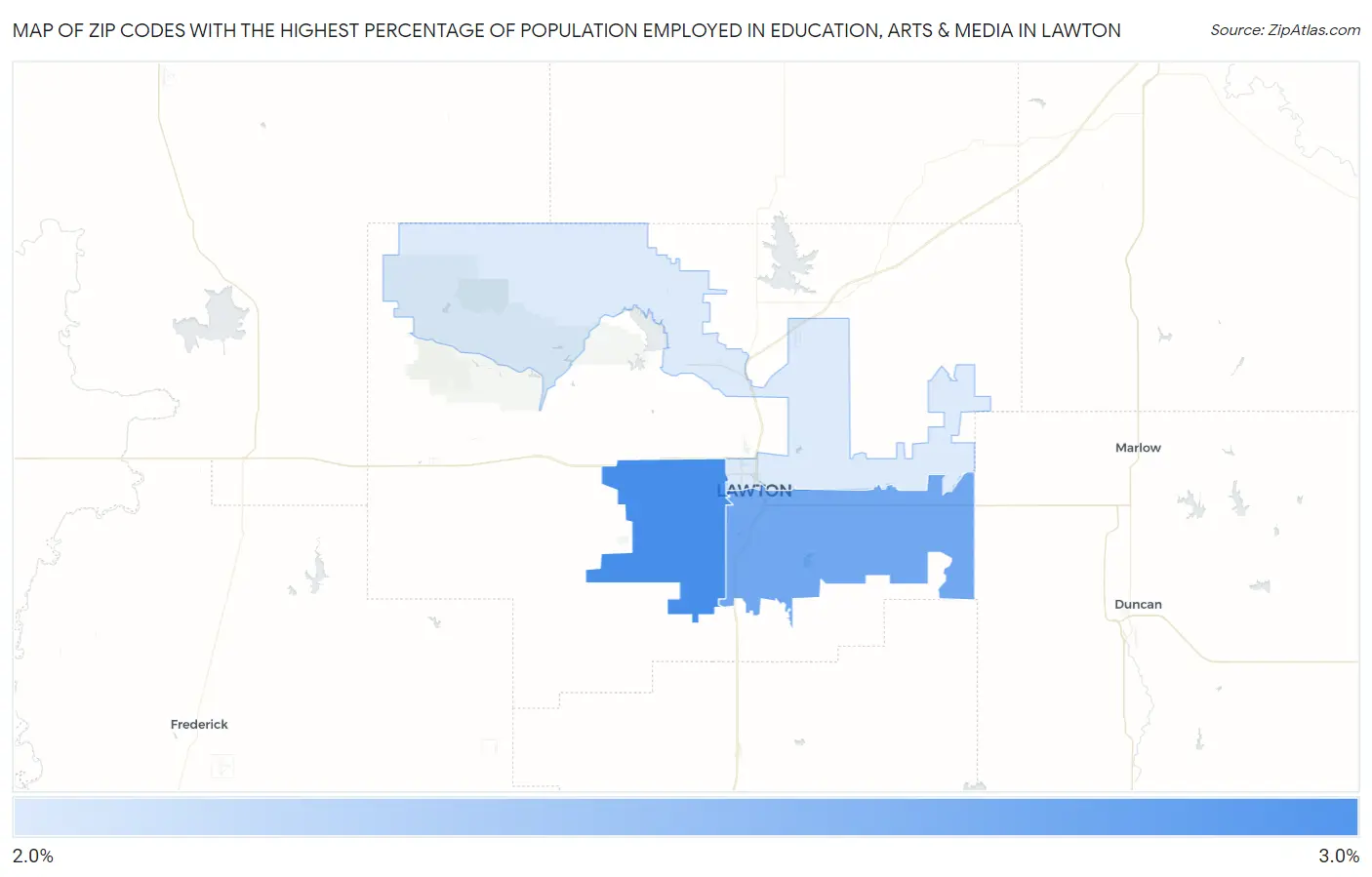 Zip Codes with the Highest Percentage of Population Employed in Education, Arts & Media in Lawton Map