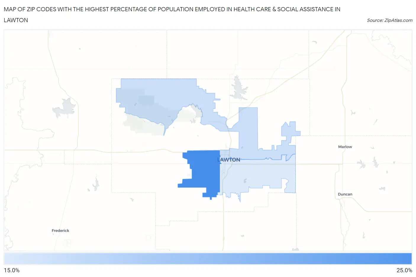 Zip Codes with the Highest Percentage of Population Employed in Health Care & Social Assistance in Lawton Map