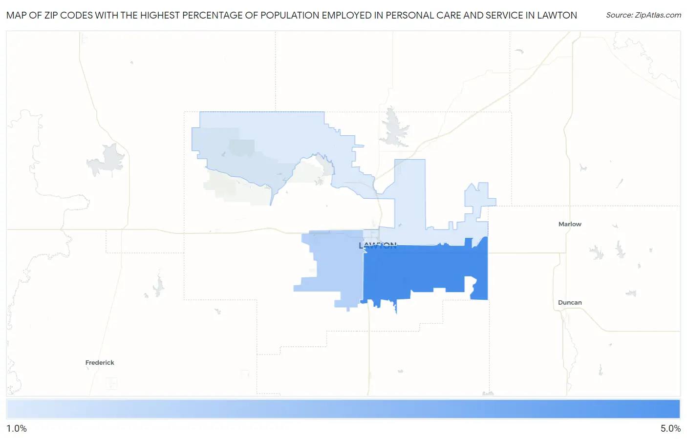 Zip Codes with the Highest Percentage of Population Employed in Personal Care and Service in Lawton Map