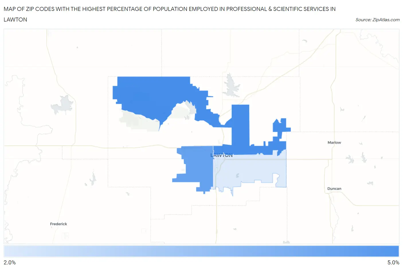 Zip Codes with the Highest Percentage of Population Employed in Professional & Scientific Services in Lawton Map