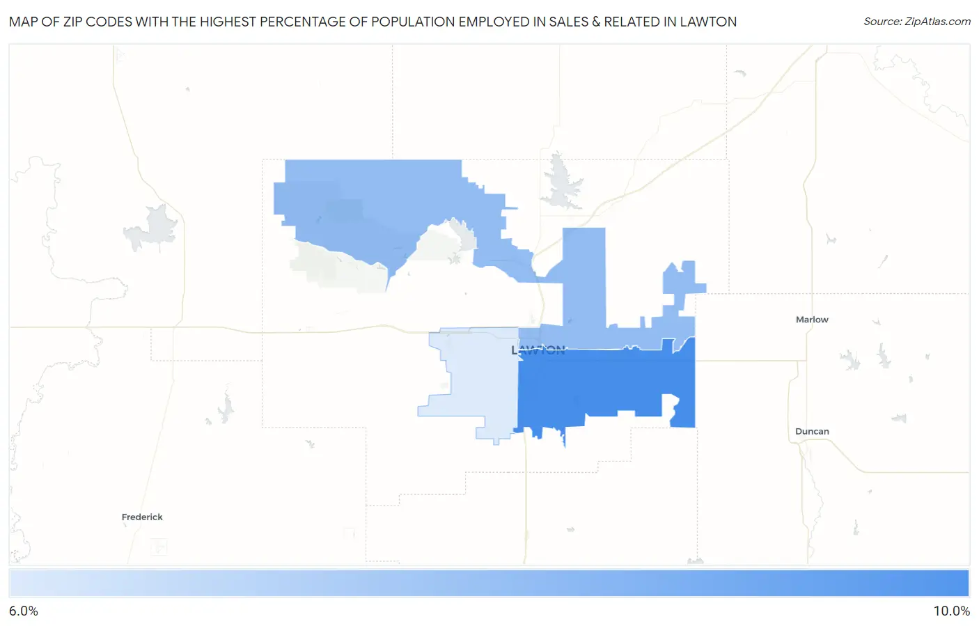 Zip Codes with the Highest Percentage of Population Employed in Sales & Related in Lawton Map