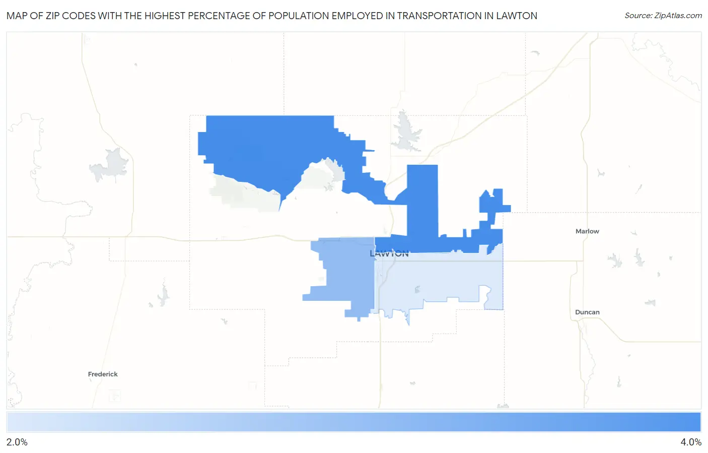 Zip Codes with the Highest Percentage of Population Employed in Transportation in Lawton Map