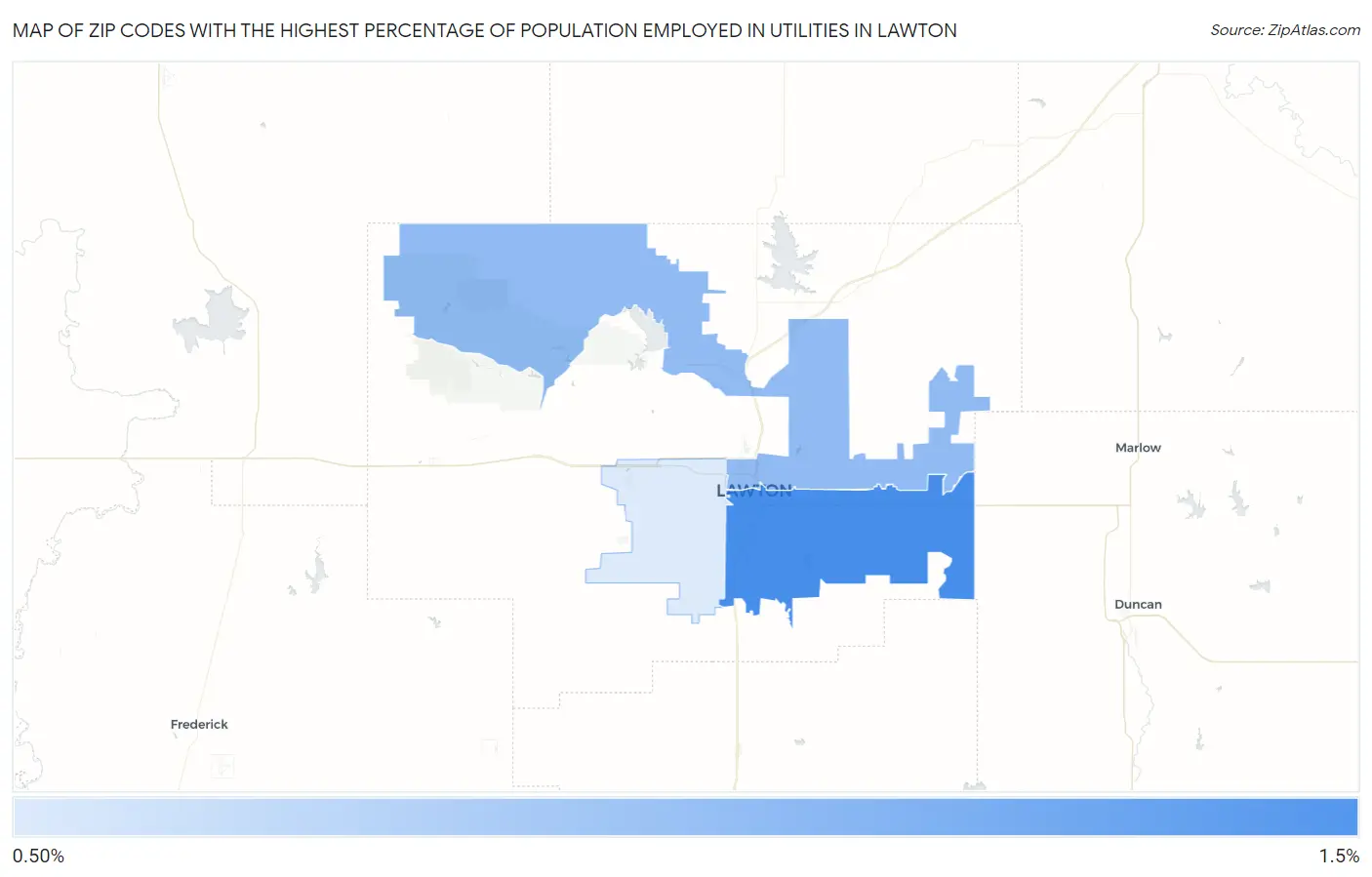 Zip Codes with the Highest Percentage of Population Employed in Utilities in Lawton Map